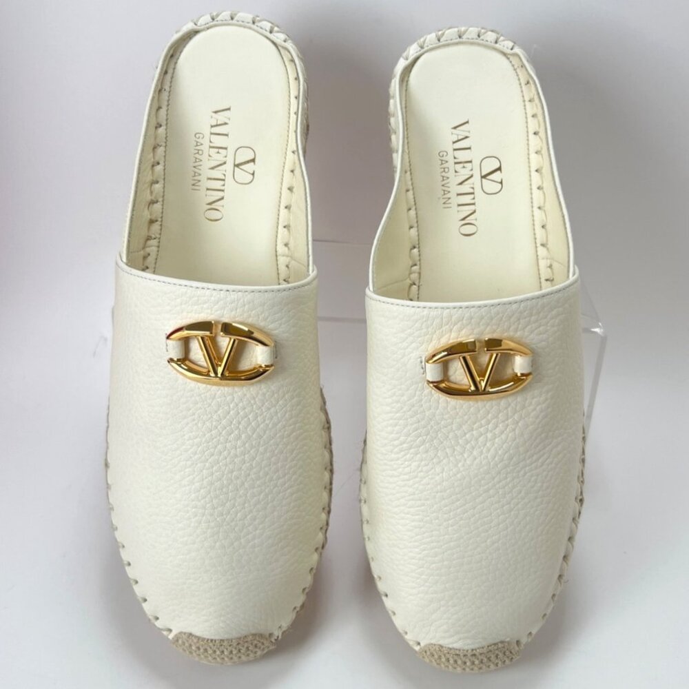 Valentino Garavani V Logo Leather Medallion Espadrille Mules Size 39